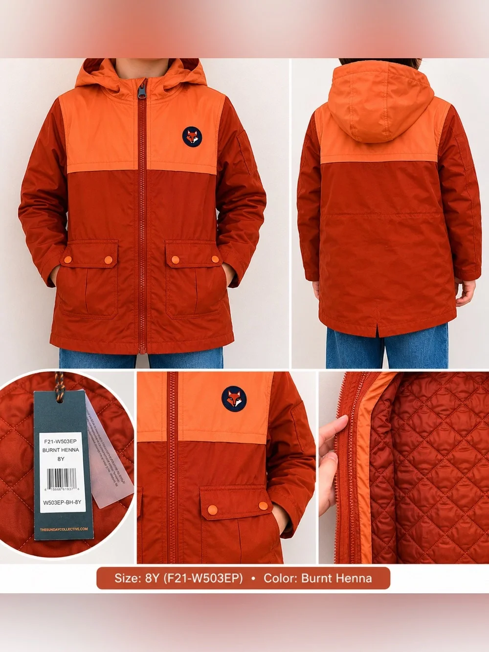 The Sunday Collective Kids Hooded Jacket Burnt Henna Quilted Lined Size 8Y NWT